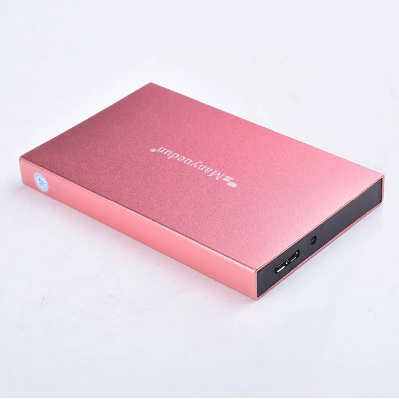 2.5 inch metal mobile hard drive in silver grey, blue, pink, red, or black with data cable and protective cover