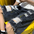 Men's black water washed hole denim shorts with loose street style fit