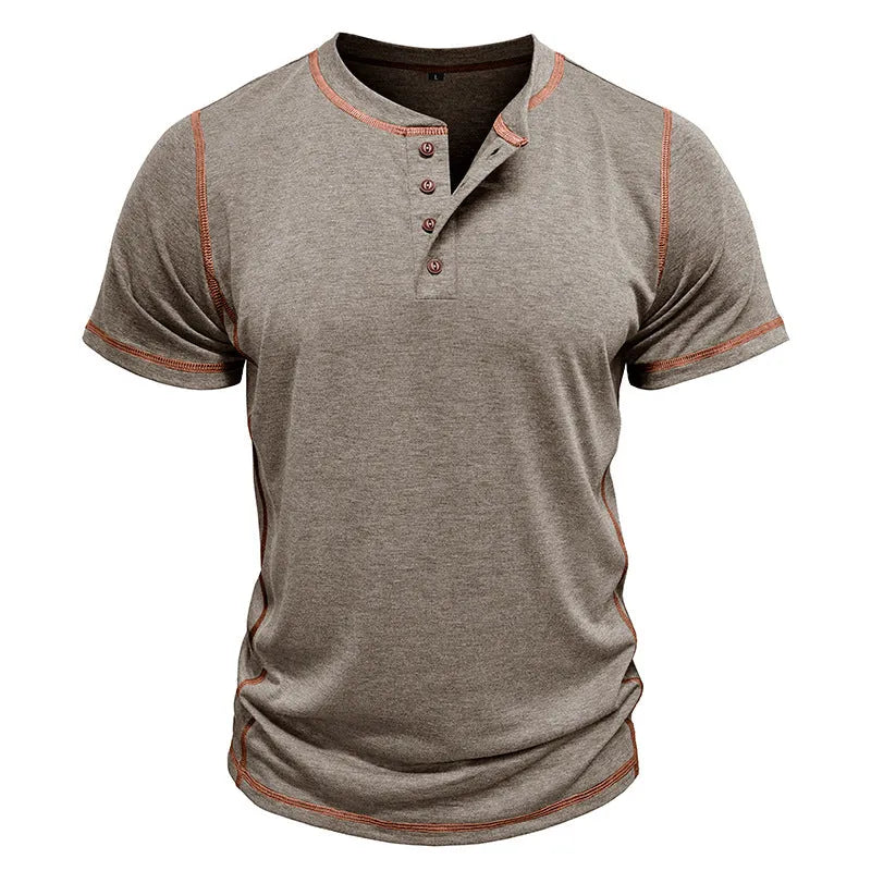 Men's short sleeve Henley shirt in solid colour cotton blend slim fit pullover