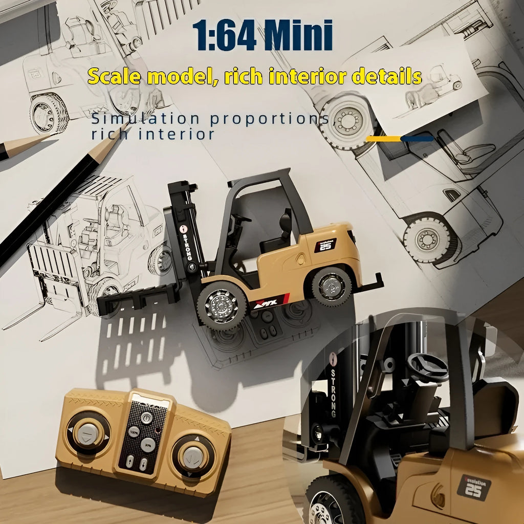 Mini blue alloy forklift remote control toy with cargo pallet and hook on a white background.