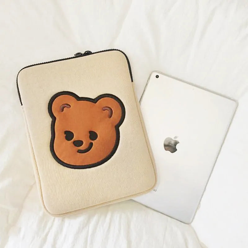 Cotton cartoon animal laptop sleeve bag with zipper closure for 11 13 15 inch devices, featuring a liner and computer pocket