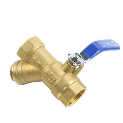 Brass Y-shaped filter ball valve with threaded connections for plumbing installation.