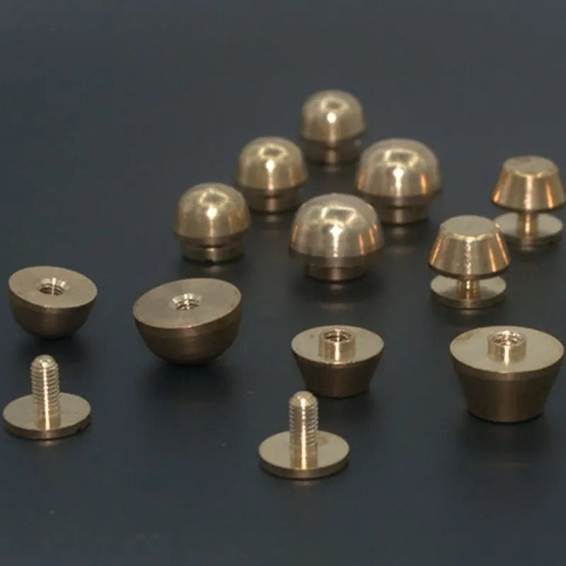 Brass decorative buckle showing round and bucket foot nail styles in 10x6mm and 12x7mm sizes