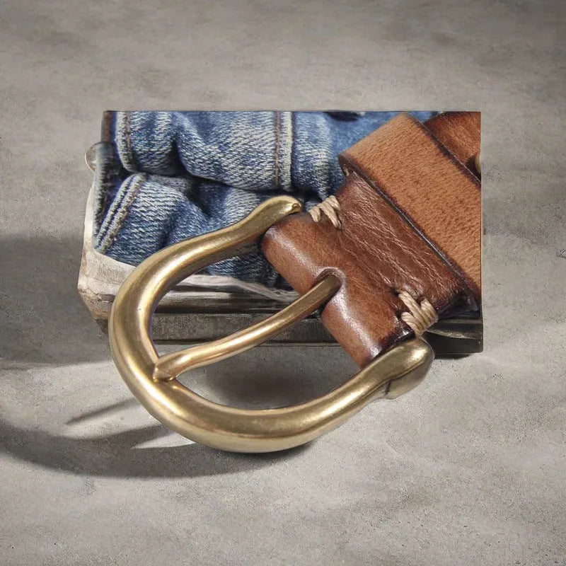 Men's black genuine leather casual belt with a copper pin buckle, showing length adjustment holes.