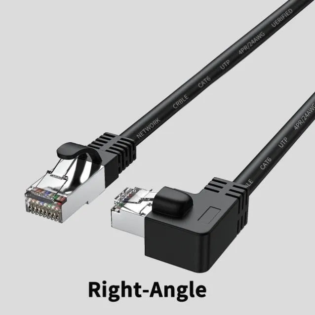 Coloured Cat6 Ethernet cable with a right-angled metal RJ45 connector plug in a choice of four orientations.