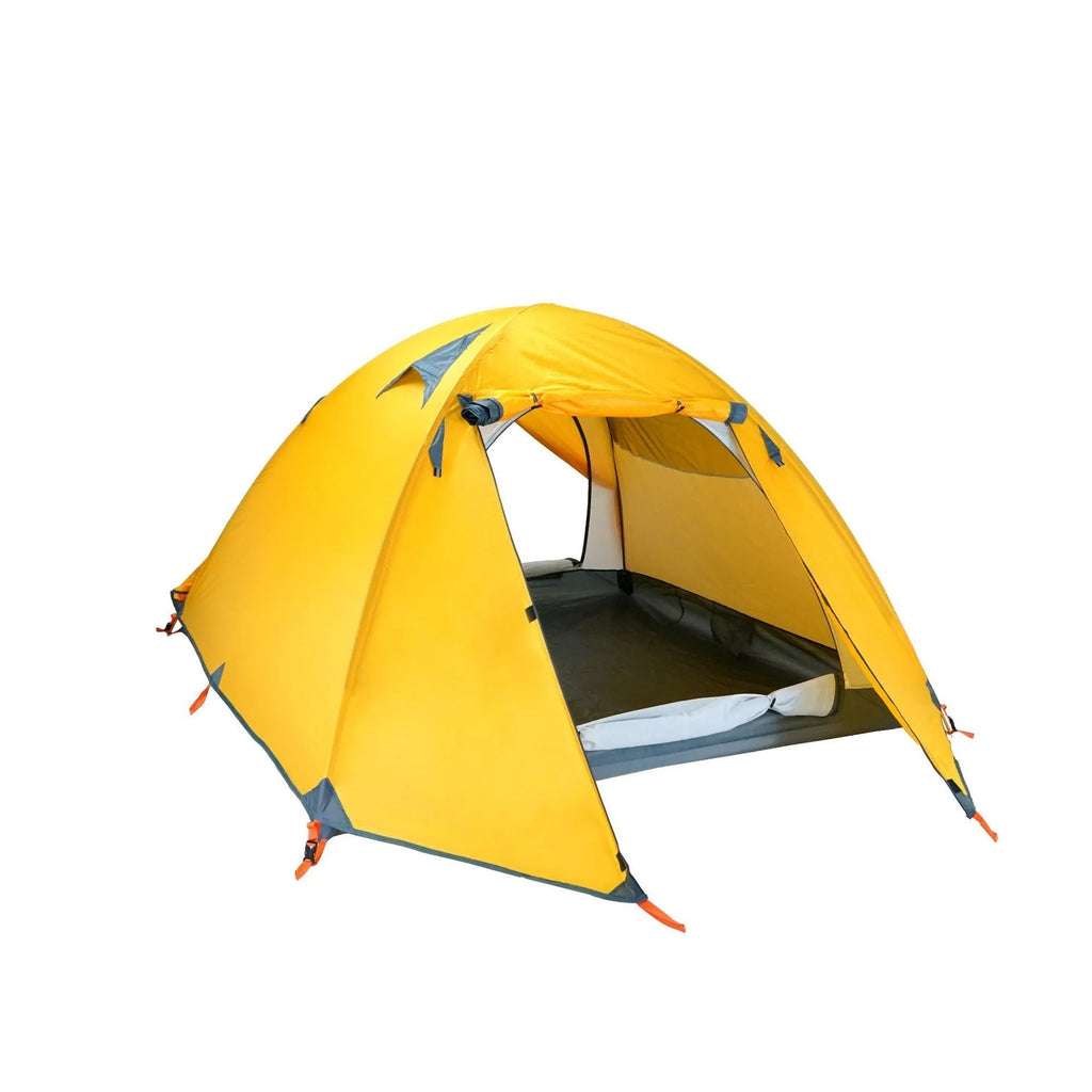 Triple double aluminium pole camping tent in orange for 3-4 people with two doors outdoors
