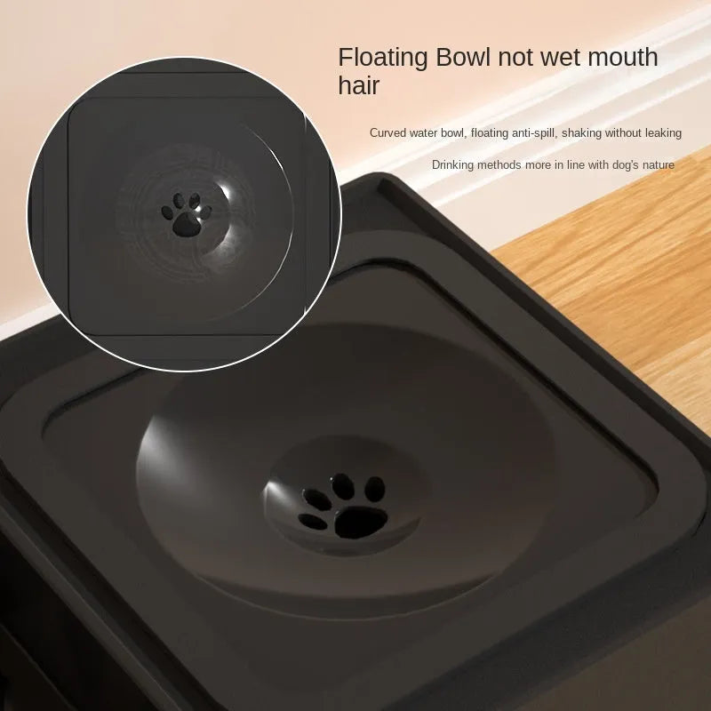 Adjustable height black dog bowl stand with two stainless steel food and water bowls