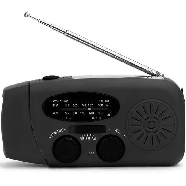 Solar hand crank radio flashlight in black, with multiband radio and USB charging port