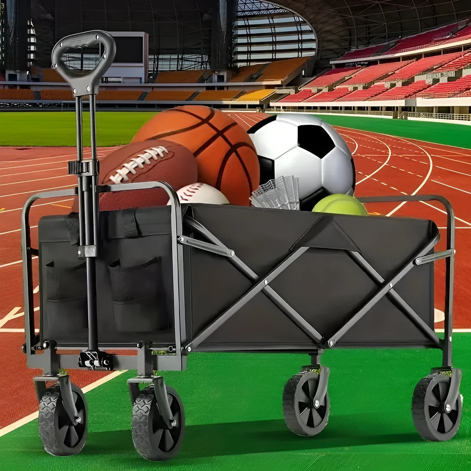 Collapsible heavy-duty metal garden wagon cart with foldable frame.