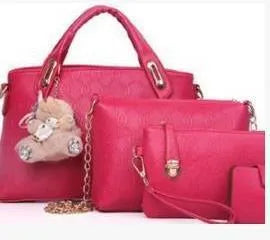 New Korean fashion embossed PU four-piece ladies bag set with three bags in black, blue, and pink