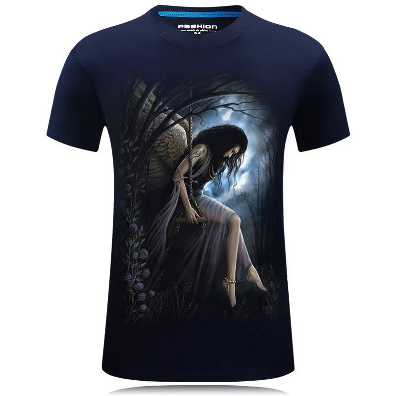 Men's loose fit short-sleeved T-shirt with 3D stereo pattern in black, front view, sizes S to 6XL