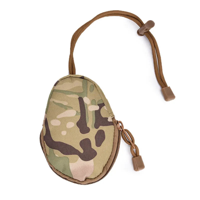 Black Oxford cloth outdoor key bag with telescopic rope, shown with zipper open, dimensions 13cm by 8cm.
