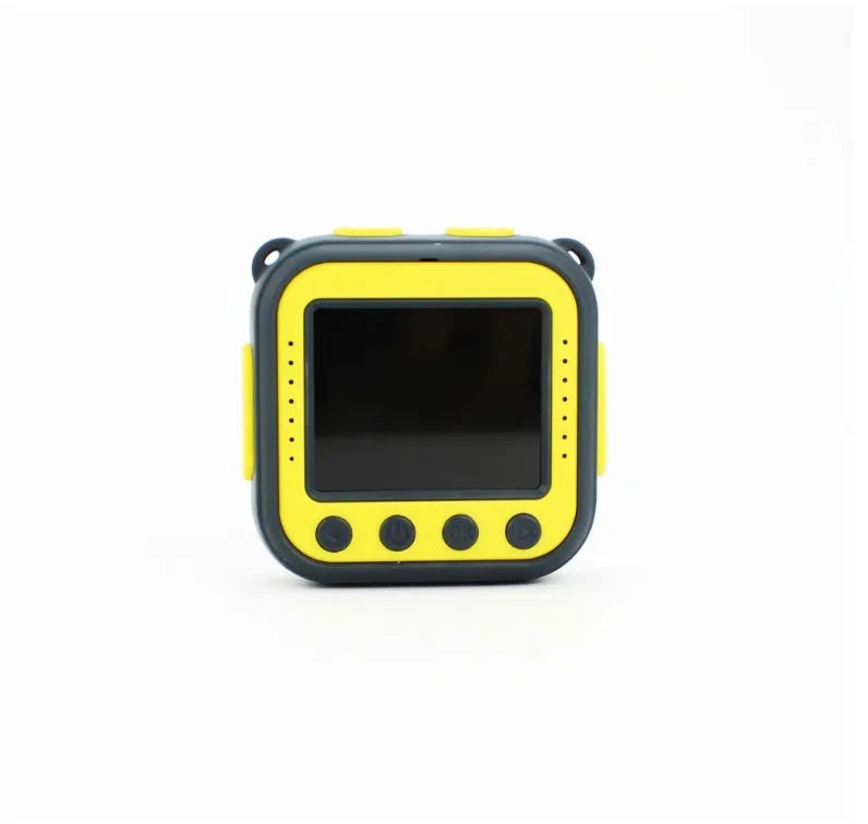 Yellow children's waterproof sports camera with compact design showing dimensions and LCD screen