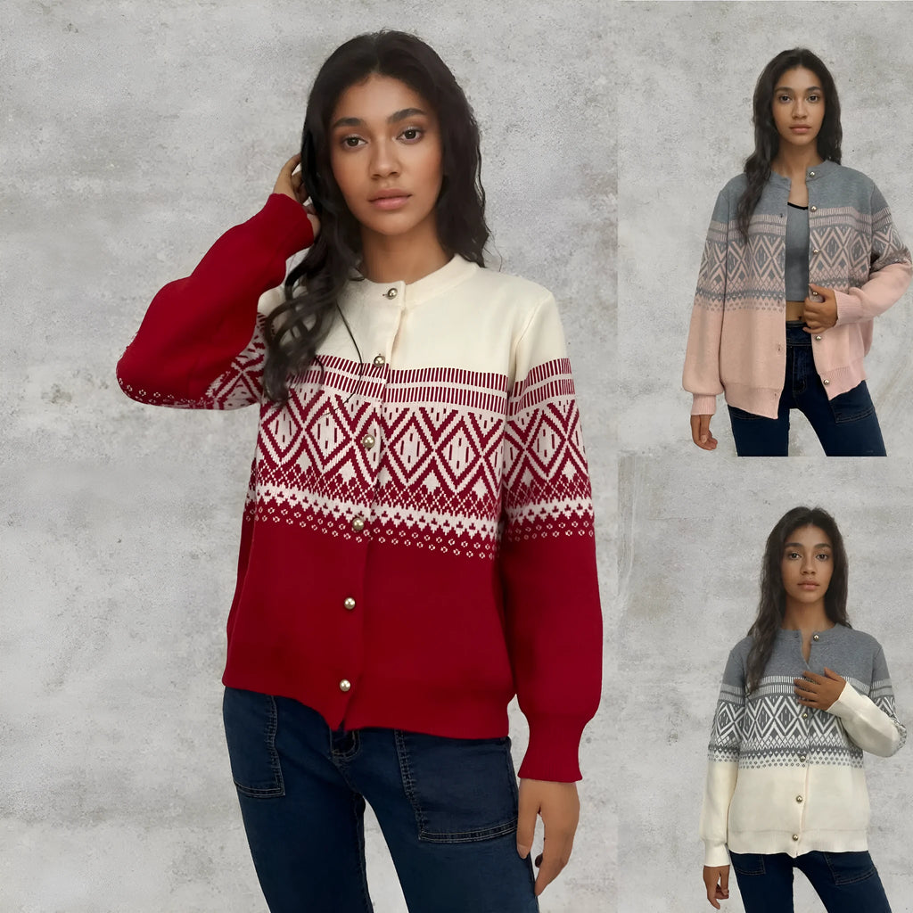 Grey women's alpaca wool cardigan with diamond knit pattern and contrast colour long sleeves.