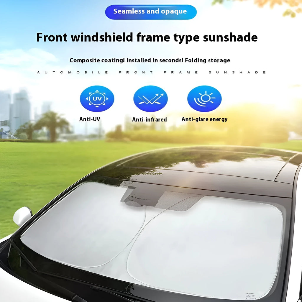 Titanium silver aluminium foil car sunshade folded, showing reflective surface and size options for windscreen heat protection.