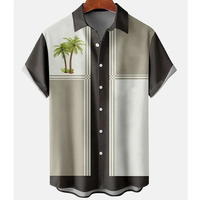 Men's slim fit short sleeve shirt with colourful floral pattern, on a model.