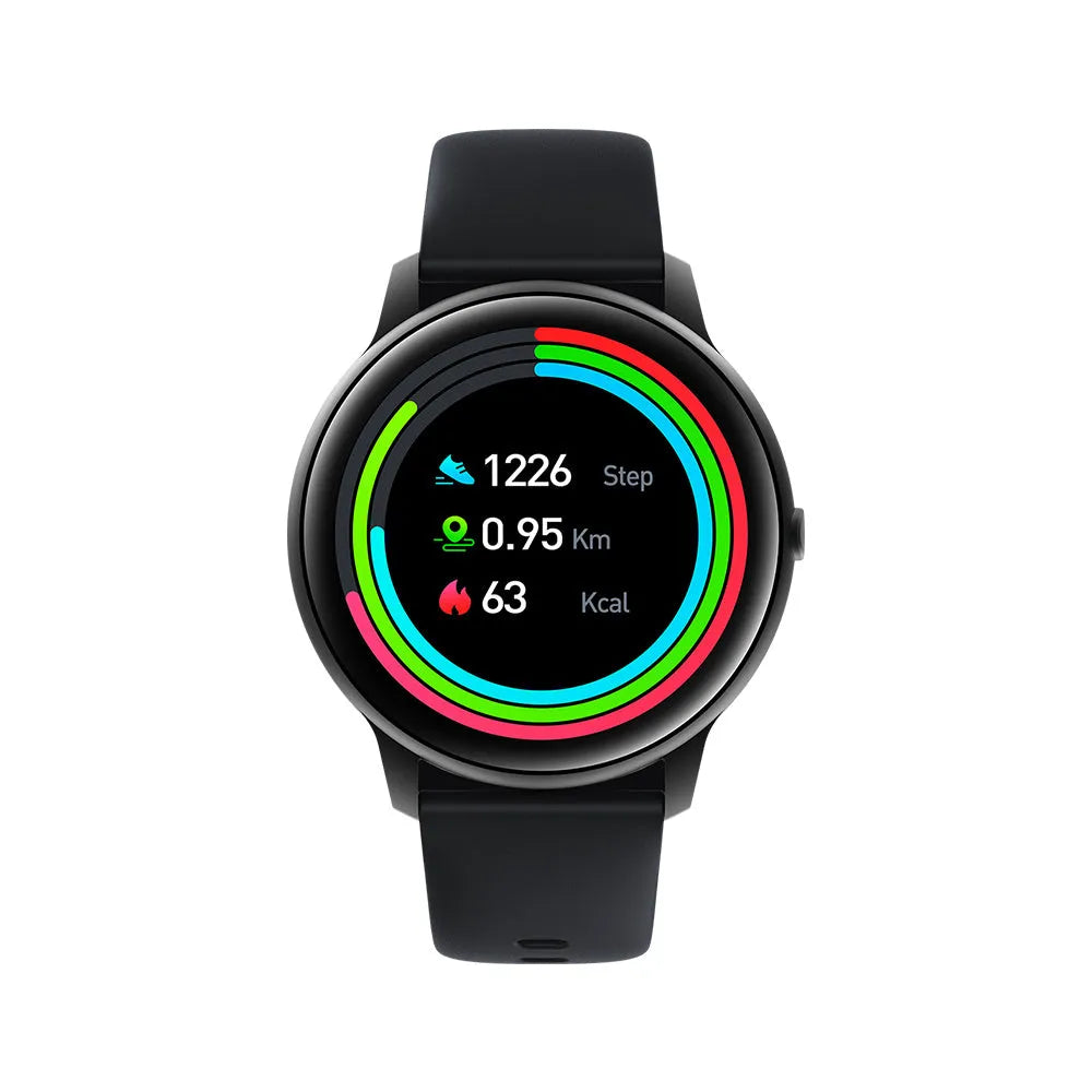 IMILAB W12 Smart Watch Black with 1.32-inch HD screen, rubber strap, and heart rate sensor