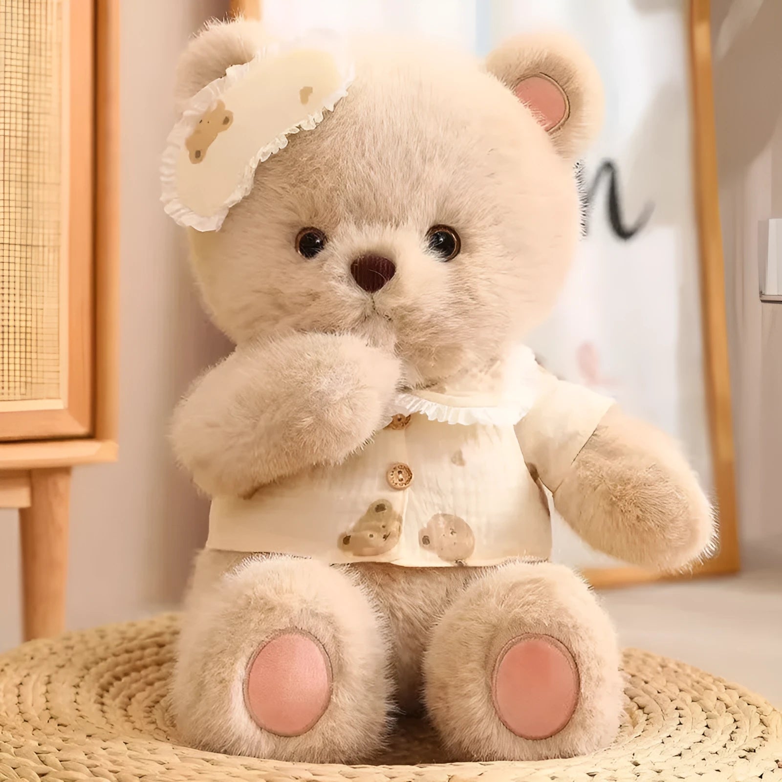 Cute Good Night Bear plush toy with little gold mink velvet fabric, 43cm height, for youth bedroom decoration
