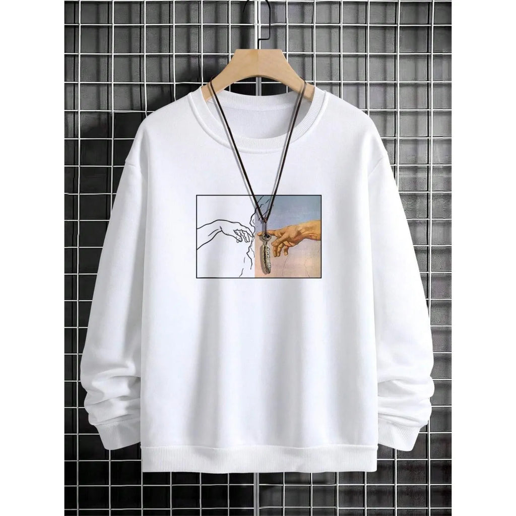 Men's hand printed sweatshirt long sleeve pullover polyester unisex top in white black blue purple