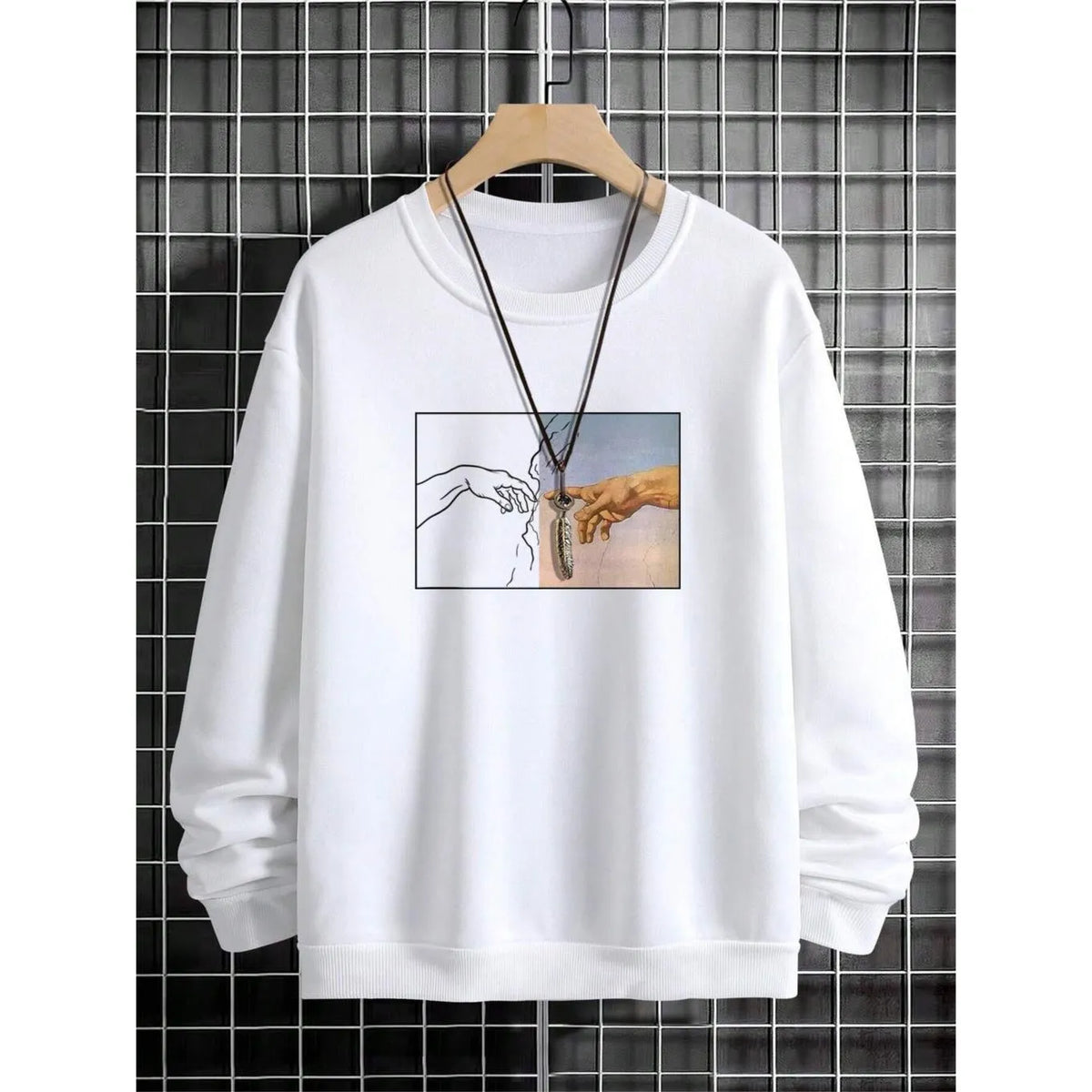 Men's hand printed sweatshirt long sleeve pullover polyester unisex top in white black blue purple
