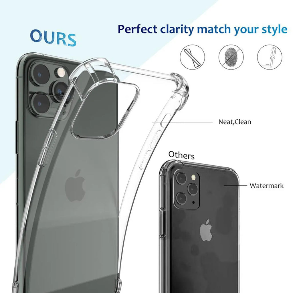 Clear transparent TPU shockproof case for Apple iPhone on a white background