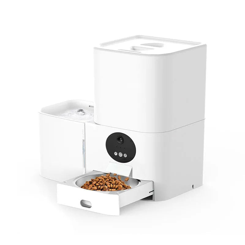Smart WiFi two-in-one electric pet feeder in white with food and water compartments