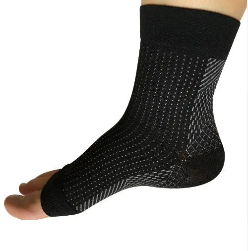 Nylon anti fatigue compression foot sleeve ankle support with straps and heel hole, in black, white or red.