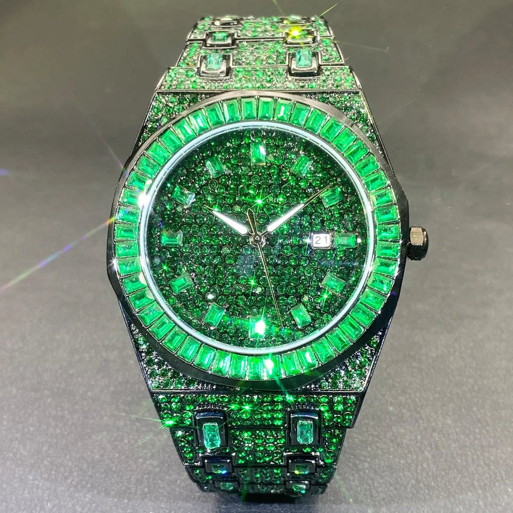 Men's green full rhinestone quartz watch with alloy case, 13mm thickness, hip hop fashion style