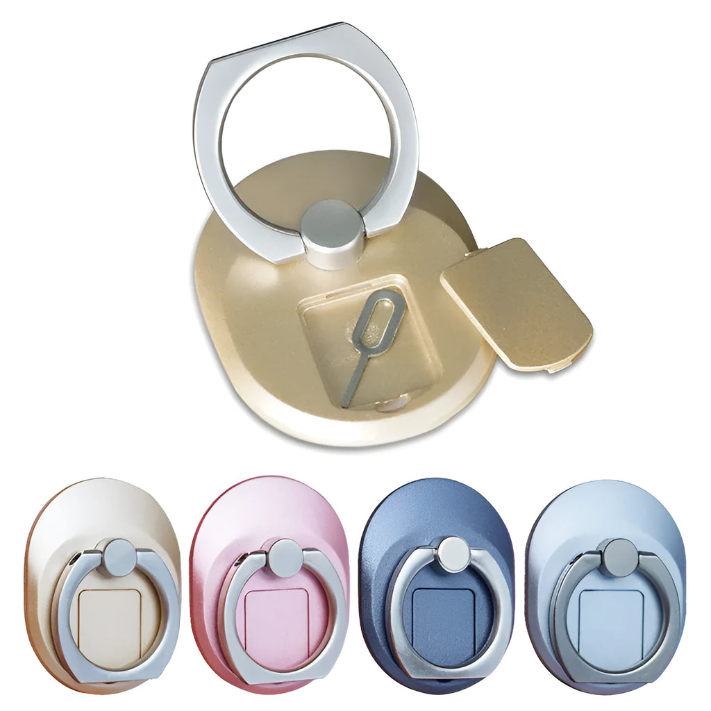 Elice handset ring support in gold colour on back of mobile phone showing grip and stand function