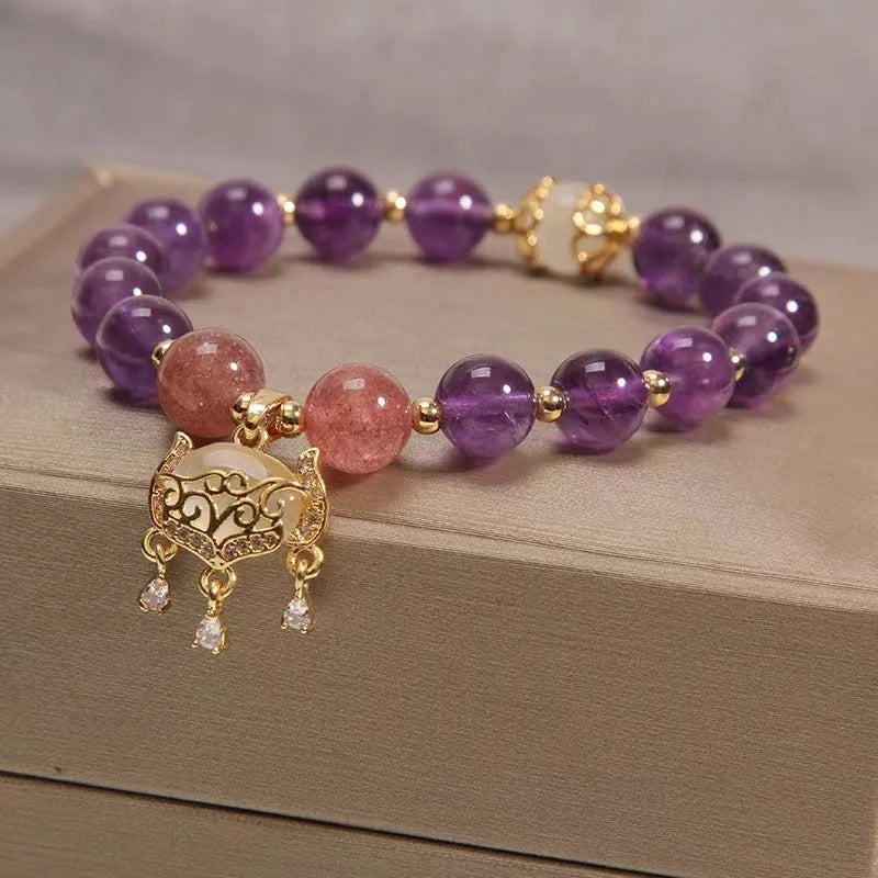 Handmade copper bracelet with natural amethyst stones and gold longevity lock in retro drop shape