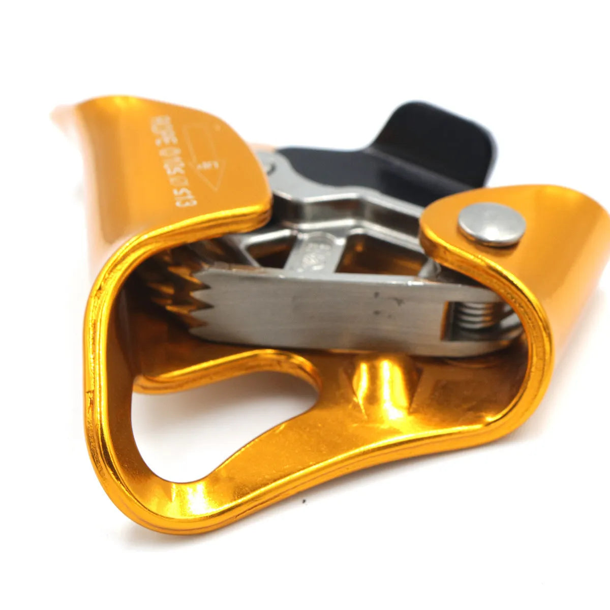 Yellow pre-abdominal ascender made from 7075 aluminium alloy for rope climbing