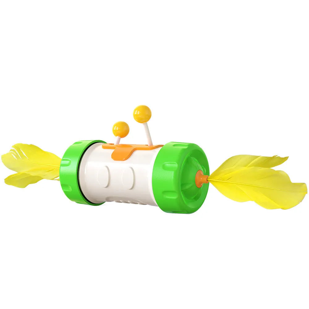 Adjustable cat fishing pole toy with colourful feathers and rolling tumble ball for interactive play