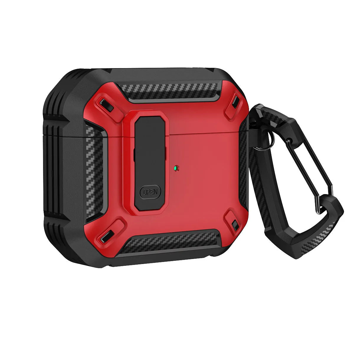 Two-colour plastic clamshell protective case for AirPods with a metal carrying hook attached.