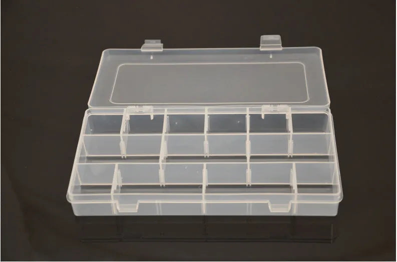 Portable lure fishing box open showing four inner boxes and main compartment with lid