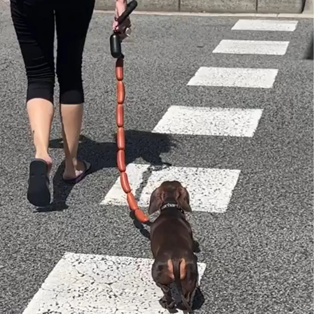 Brown pet hand rope leash with large sausage-shaped chew toys, measuring 108cm total length with grip tape section