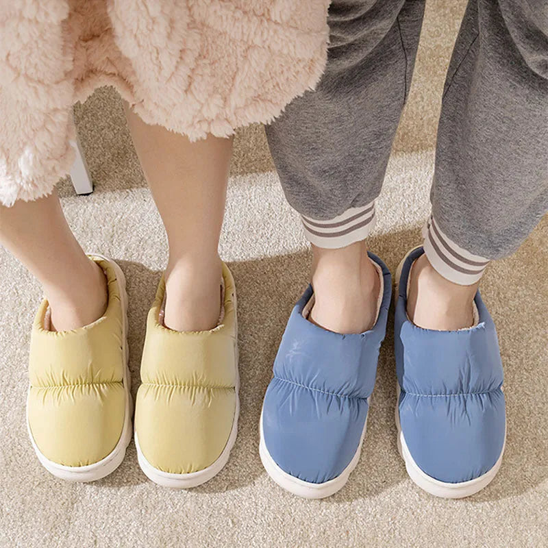 Down cotton slippers with rubber soles and artificial leather uppers in multiple colours
