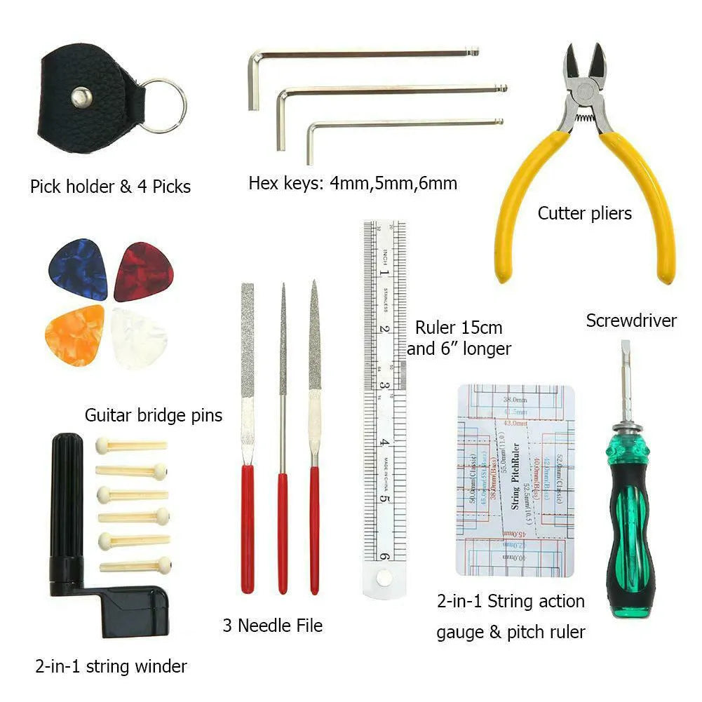 Black plastic case open to reveal 12 metal guitar repair tools including hex keys and screwdrivers