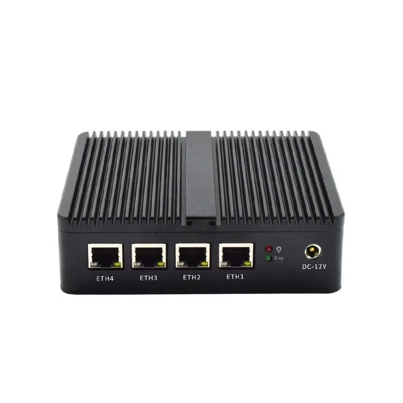 Industrial fanless mini-host computer with compact aluminium chassis measuring 13.6x12.7x4cm