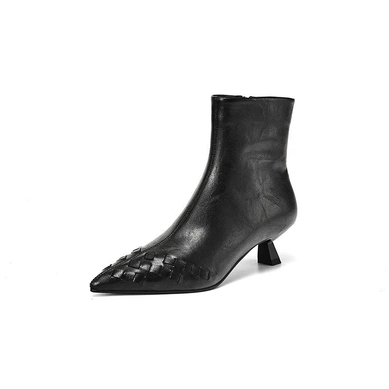 Women's genuine leather ankle boots with chunky mid-heel, square toe, side zipper, and belt buckle detail