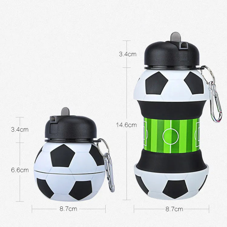 White collapsible silicone soccer water bottle with straw and carrying clip on white background