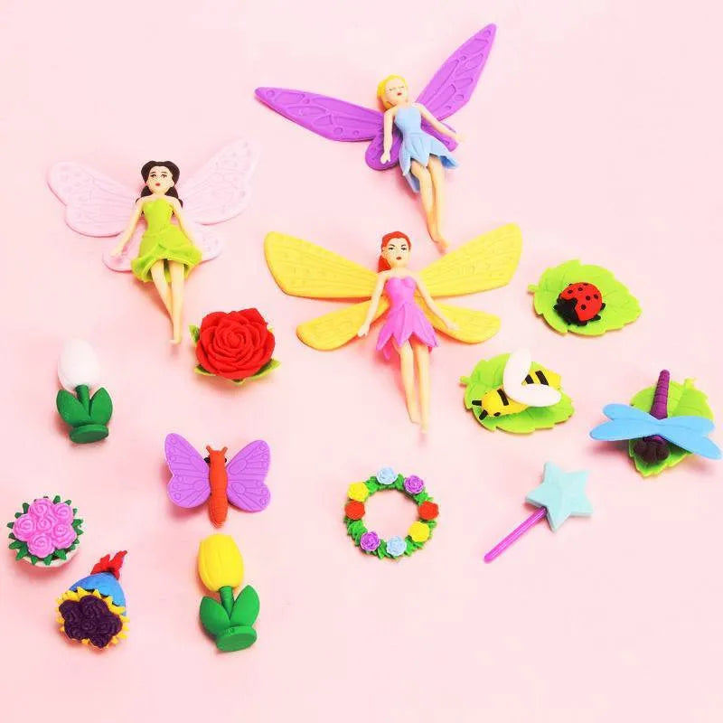Flower Fairy eraser suit box of 12 TPR erasers in Flower Fairy and Mermaid colours, 14x13cm