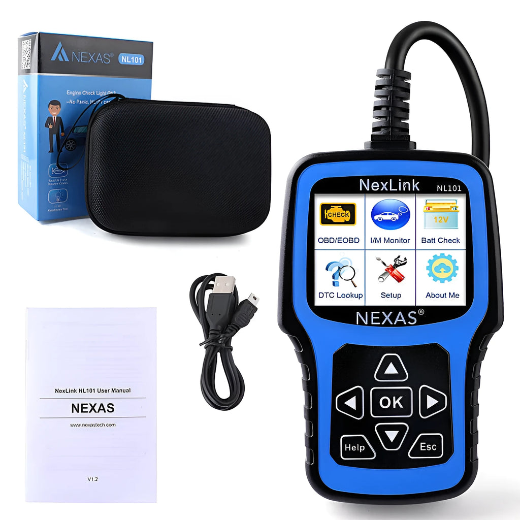 Nexas NL101 OBD2 car diagnostic scanner and code reader on a table