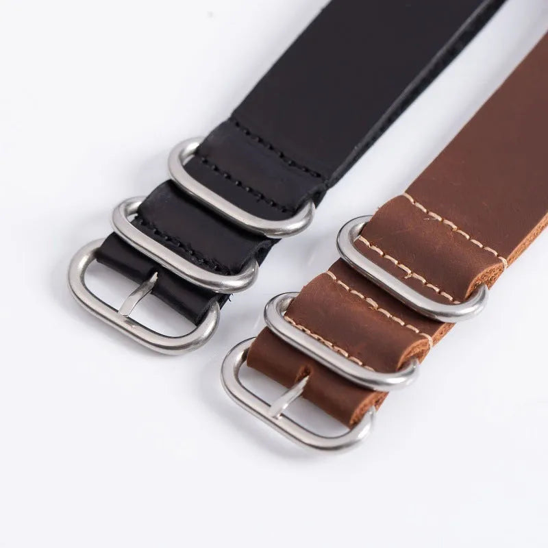 Five-ring cowhide burst crack crazy horse oil watch strap in black, brown, and green, available in 18mm, 20mm, and 22mm widths