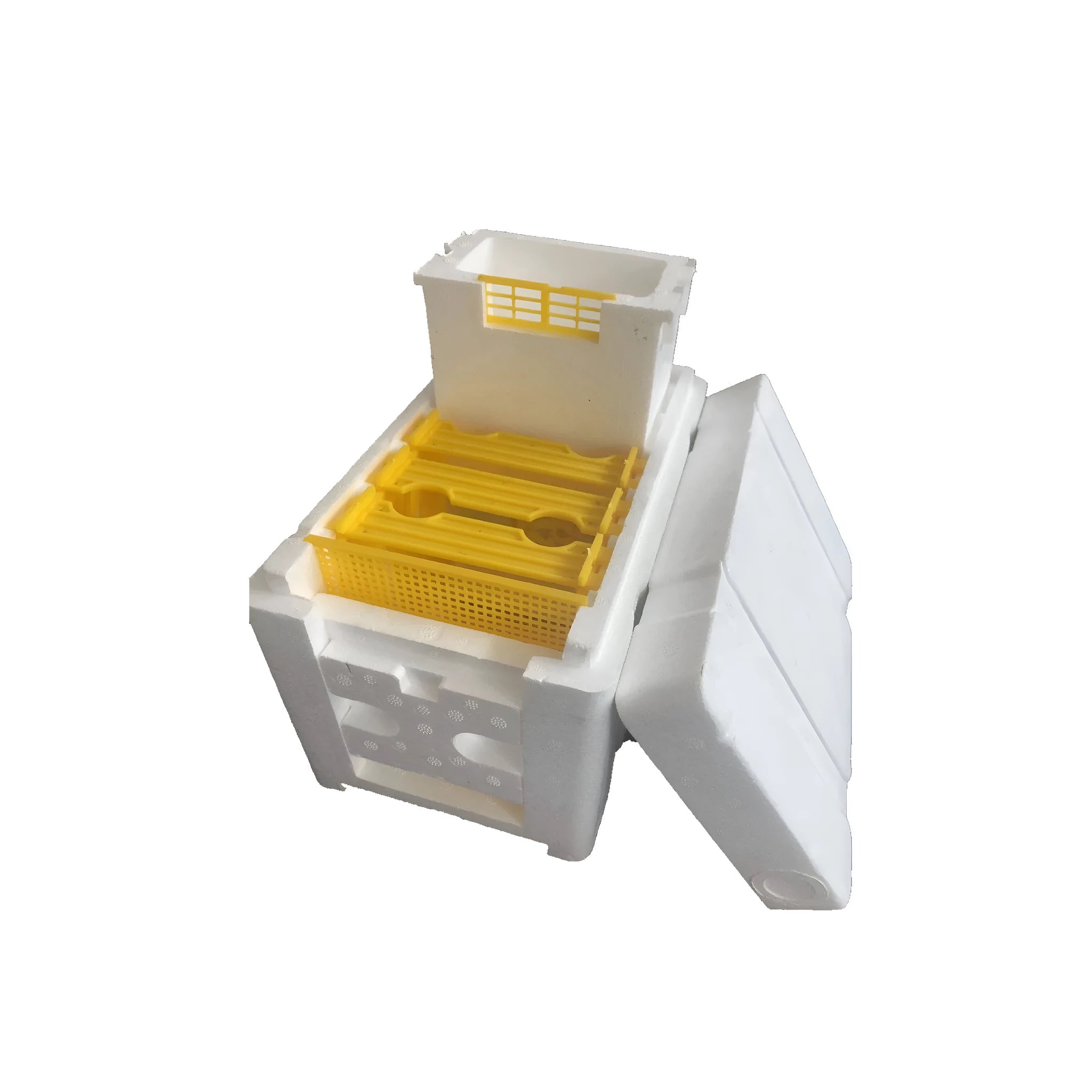 Three white EPS foam mini delivery boxes for bee queen mating and hive breeding.