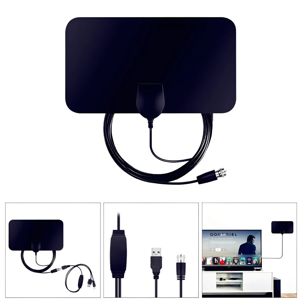 Black digital HD indoor TV antenna, 210 x 120 x 0.8 mm plate, 3 m coaxial cable, F-head connector, 1080p