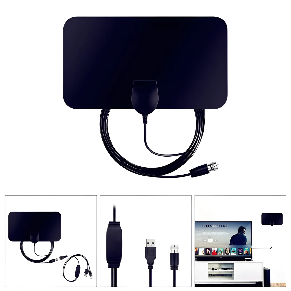 Black digital HD indoor TV antenna, 210 x 120 x 0.8 mm plate, 3 m coaxial cable, F-head connector, 1080p