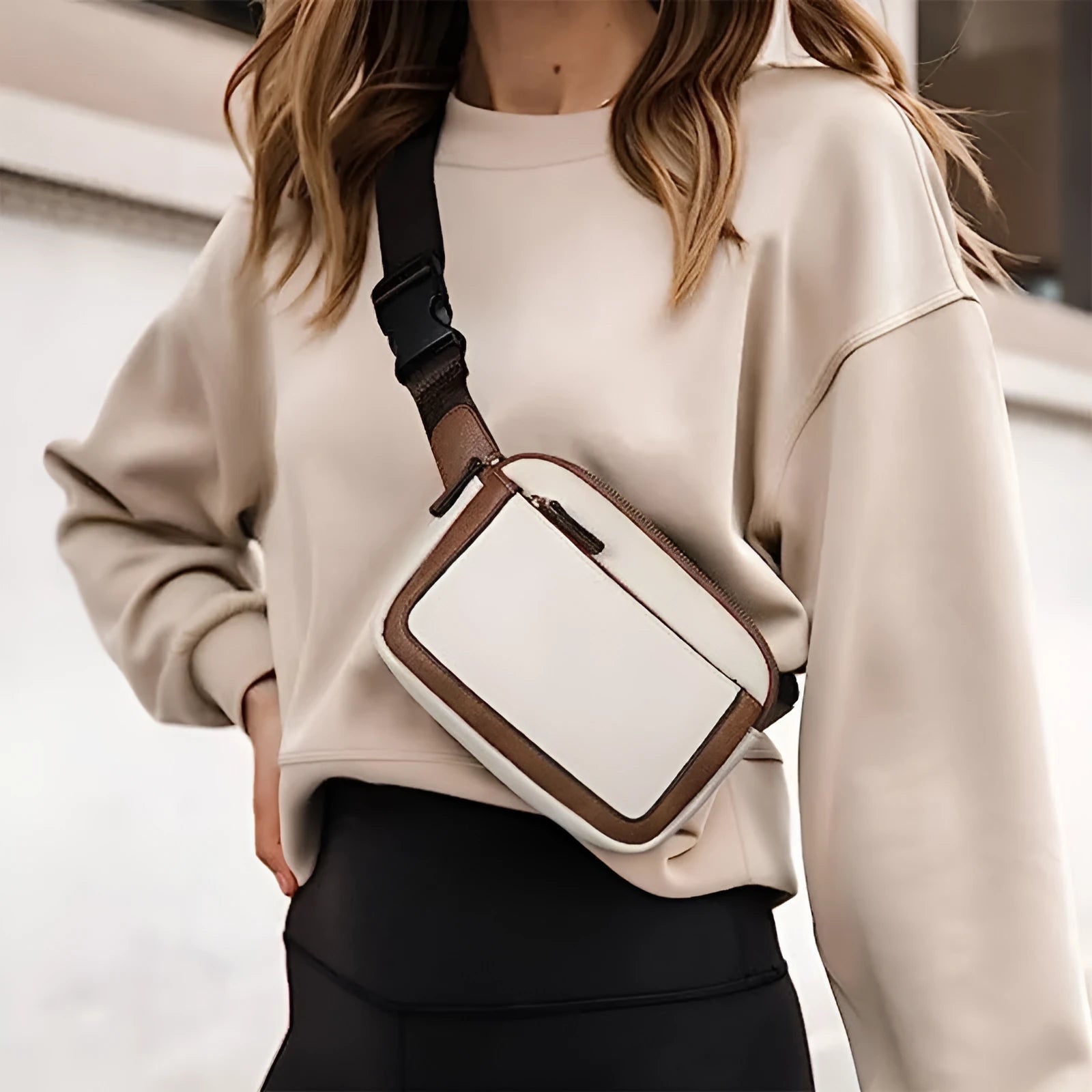 Women's PU leather chest bag in black colour, worn as a crossbody bag with adjustable strap