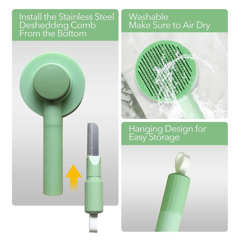 Green and yellow 2-in-1 cat grooming brush with stainless steel deshedding tool and hanging loop