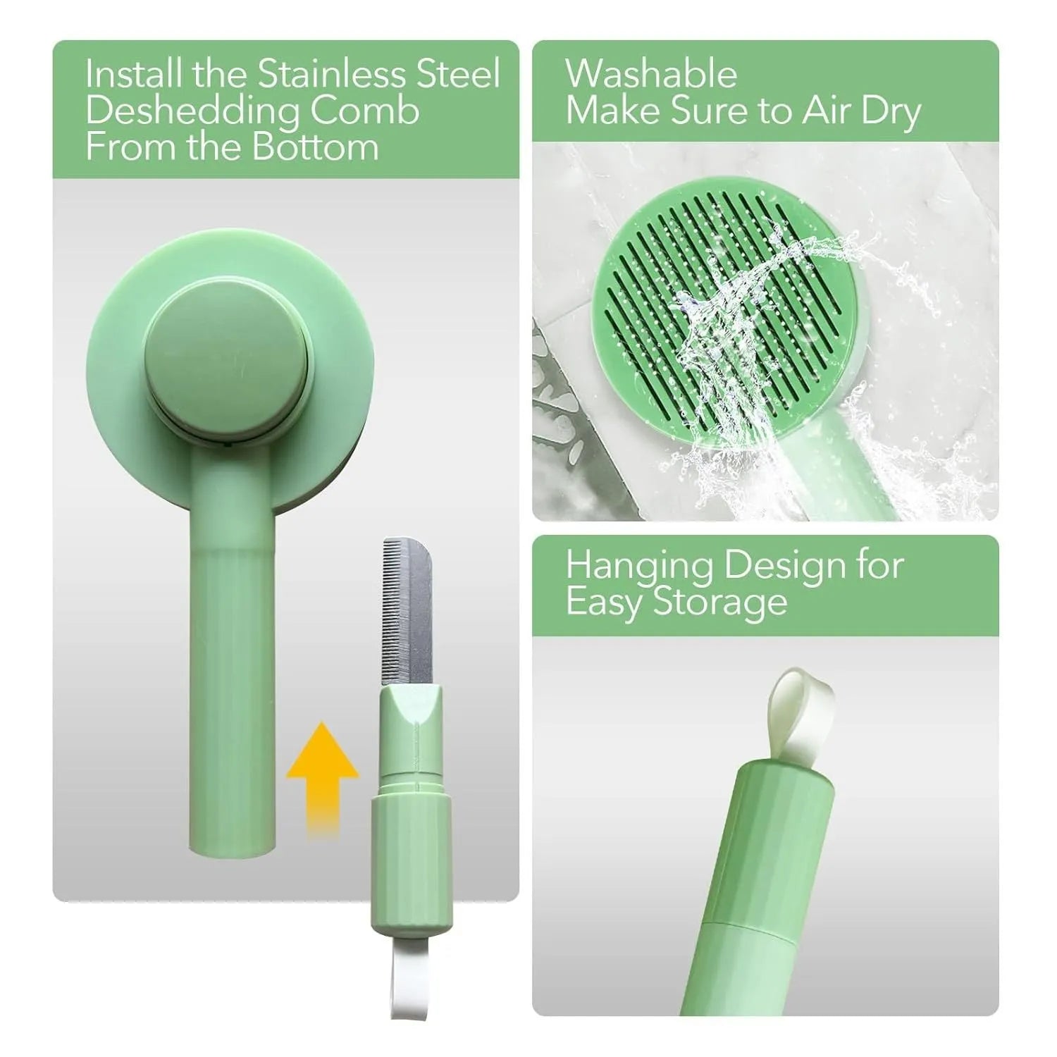 Green and yellow 2-in-1 cat grooming brush with stainless steel deshedding tool and hanging loop