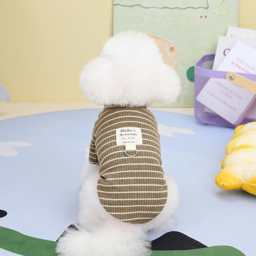 Cotton puppy clothing pull ring striped bottoming shirt in brown or white, sizes S to XXL